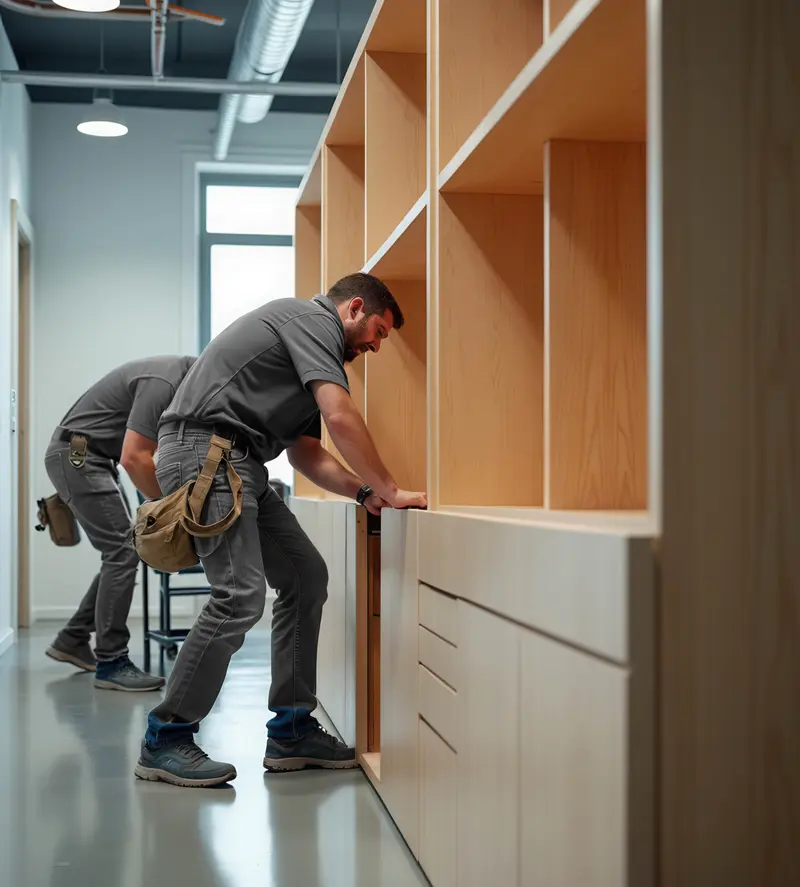 Fitters assembling office shelving units