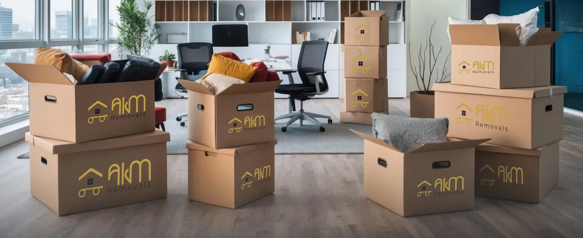 Office relocation in progress with AKM Removals branded crates